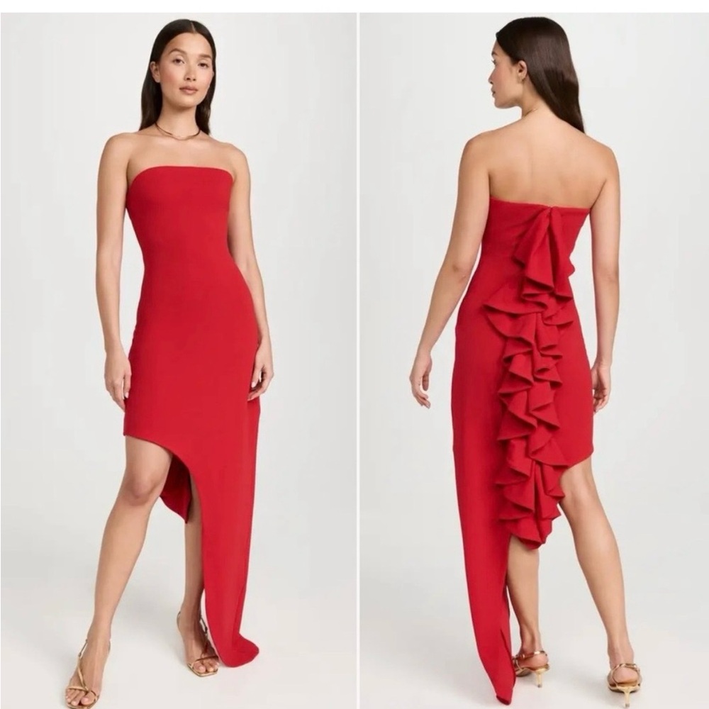 NWT Orire June Red Strapless Asymmetric Statement Dress | Ruffle Back | Size 4